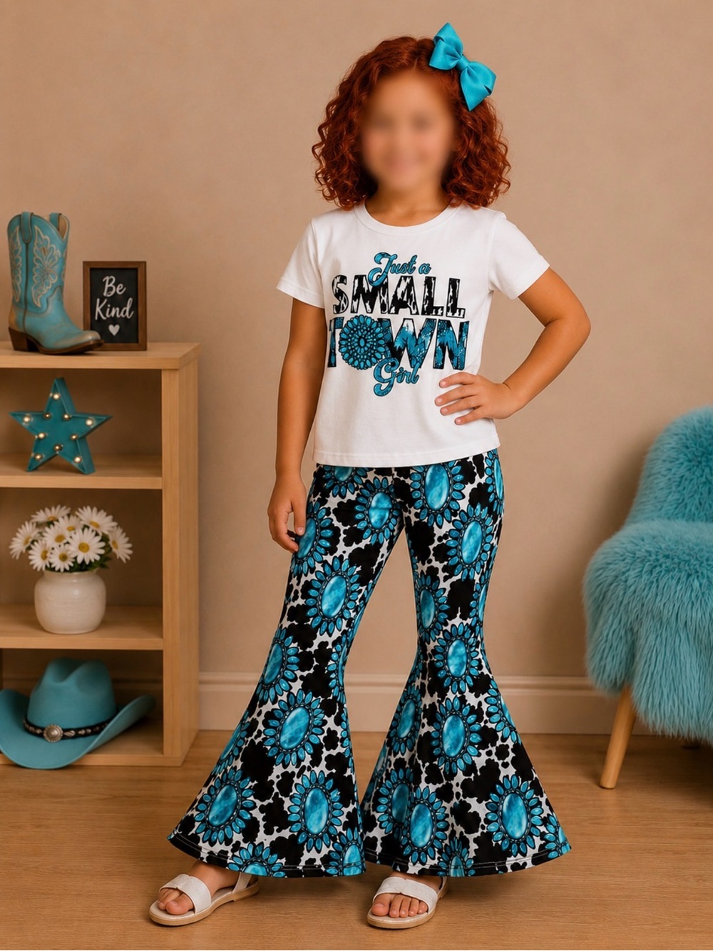 Girls Boutique JUST A SMALL TOWN GIRL Graphic Top & Matching Bell Bottom Pants